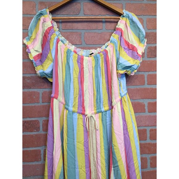Torrid 3 Midi Challis Off Shoulder Dress Rainbow Striped Size 3X Rayon Festival - Picture 2 of 7